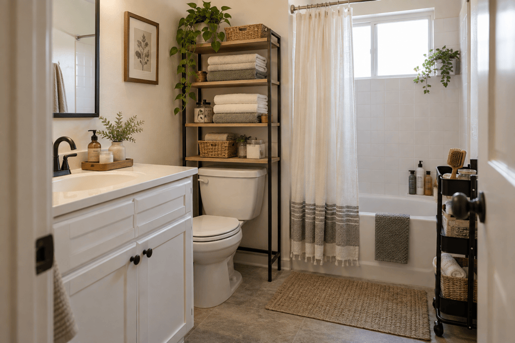 Small rental bathroom with a freestanding over-toilet shelf, slim rolling cart, folded towels, and reversible storage.