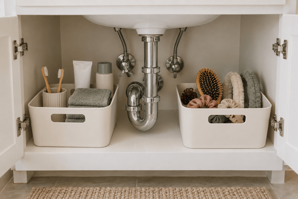 Two handled bins organized around visible plumbing inside a small bathroom vanity.