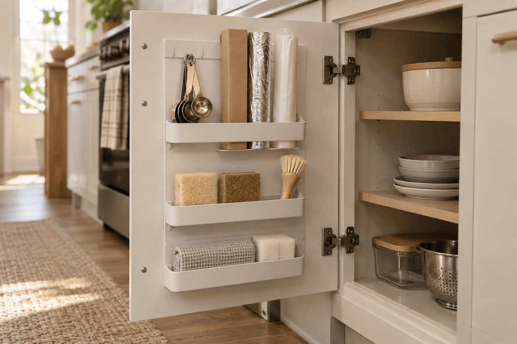 Shallow removable organizers inside a small kitchen cabinet door.