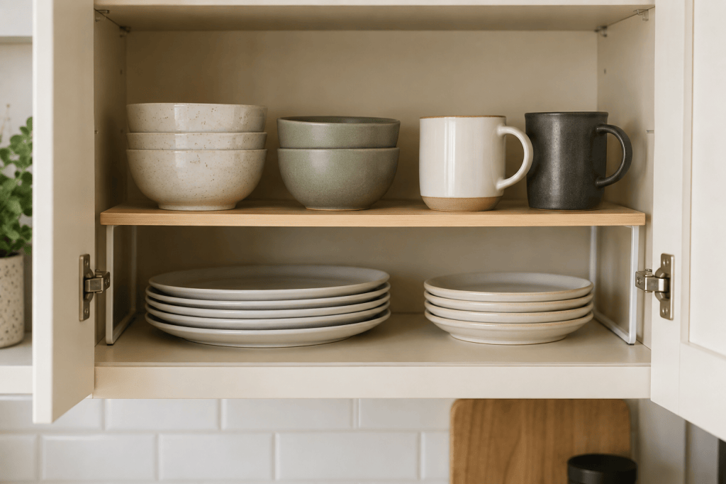 Shelf riser creating two organized levels inside a small kitchen cabinet.