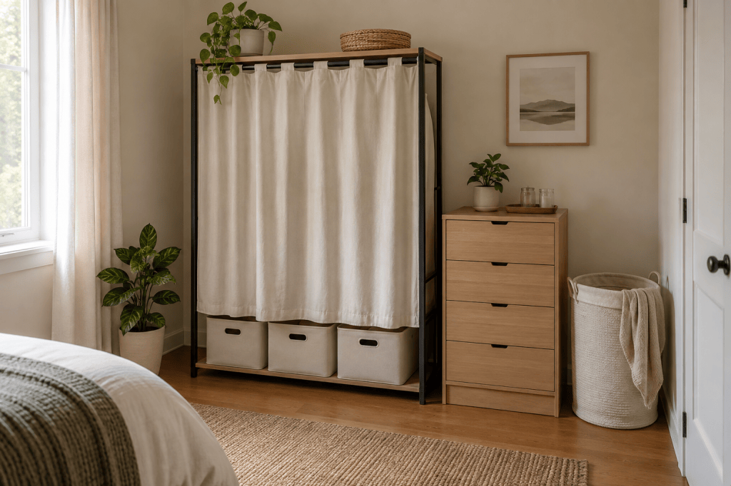 Freestanding curtained wardrobe, narrow dresser, soft hamper, and lower storage bins in a small rental bedroom.