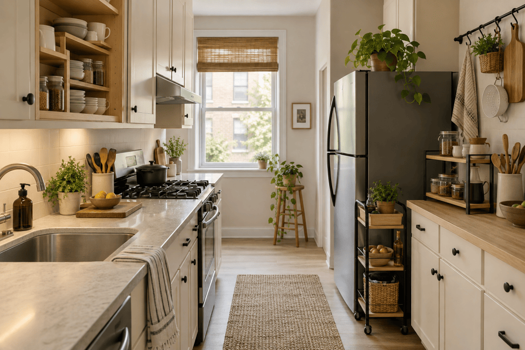 Small rental-apartment kitchen with shelf risers, a slim cart, and reversible storage.