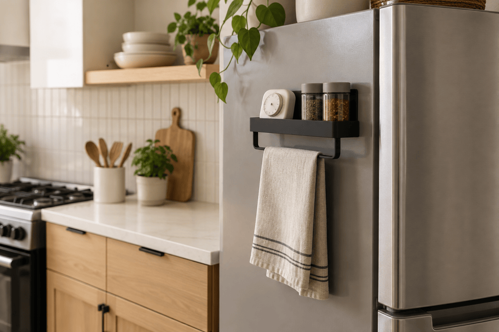 Slim magnetic refrigerator-side organizer holding lightweight kitchen essentials.
