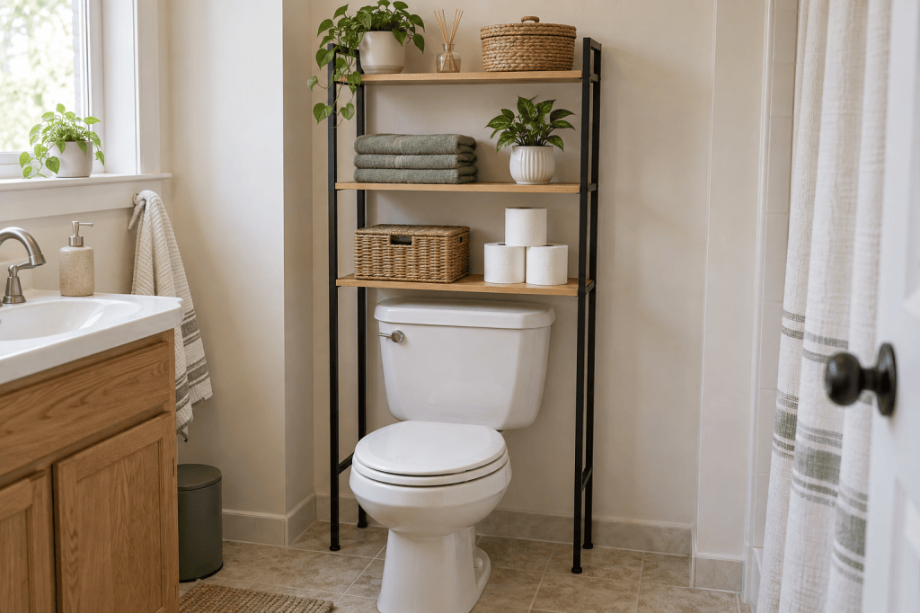 Freestanding over-toilet shelf holding folded towels, a lidded basket, and spare toilet paper.