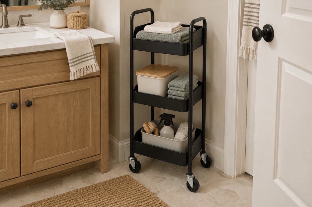 Slim rolling cart with folded towels, a lidded bin, and a removable cleaning caddy.