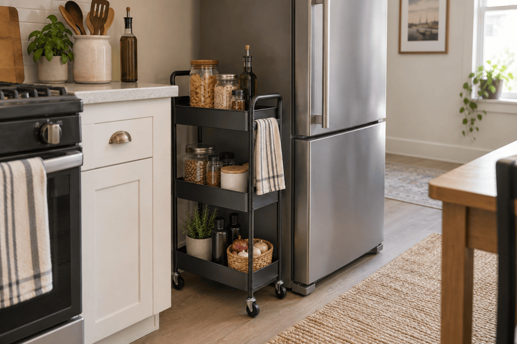 Narrow rolling cart holding pantry staples beside a refrigerator.