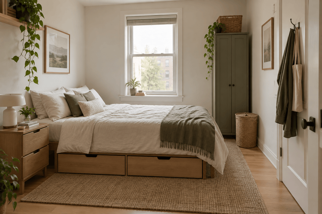 Small rental bedroom with under-bed drawers, a narrow nightstand, a freestanding wardrobe, and a clear walking path.