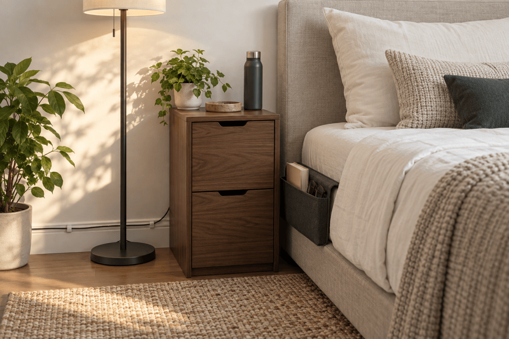 Narrow two-drawer bedside cabinet and lightweight bedside caddy in a small bedroom.