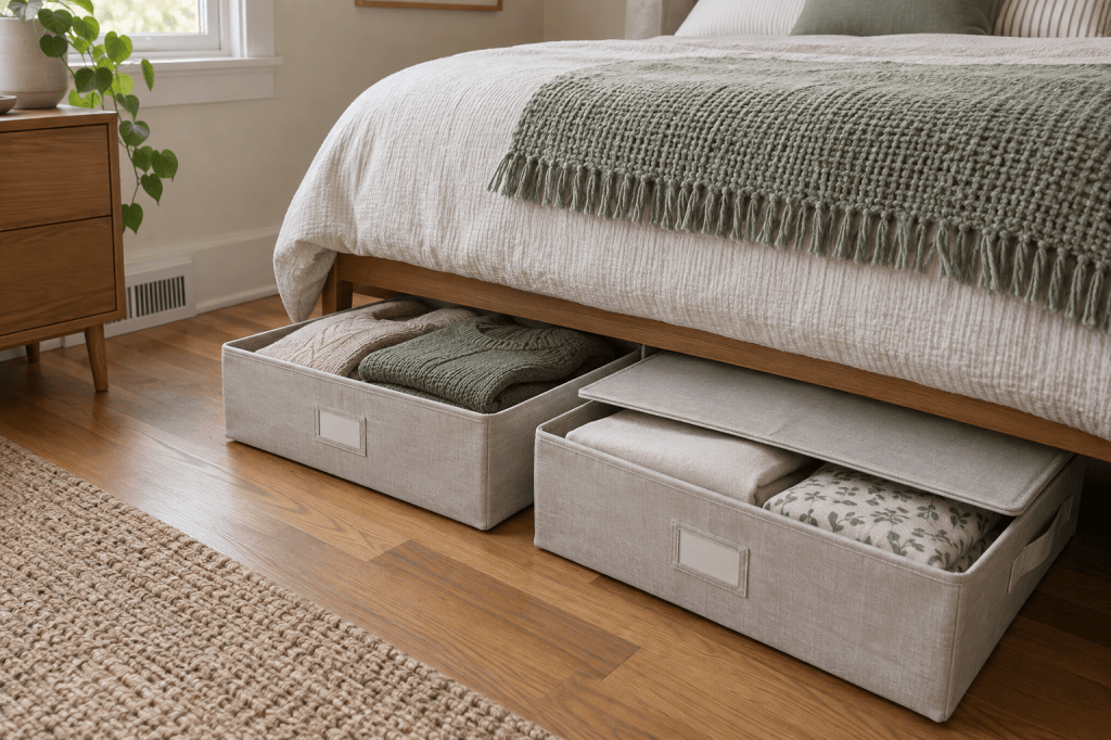 Two shallow lidded fabric bins holding seasonal clothing and spare linens beneath a bed.