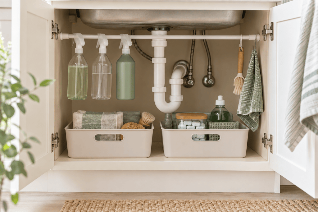 Under-sink cabinet organized with handled bins and a removable tension rod.