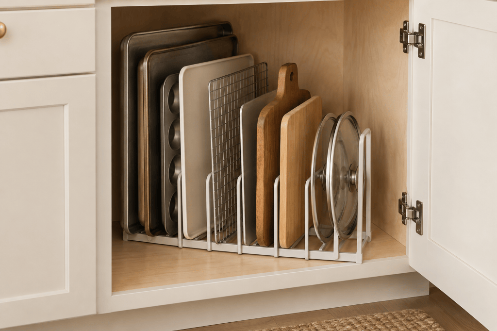 Vertical bakeware organizer holding trays, cutting boards, a cooling rack, and pot lids.